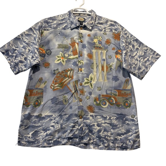 Rare Vintage Tommy Bahama Paradise Nation Graphic Camp Shirt Mens L Pigment Dyed